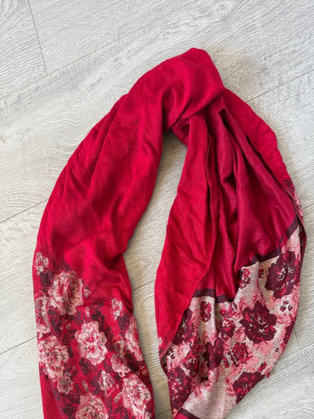 100% Pashmina Red Floral Fringe Scarf Shawl Wrap